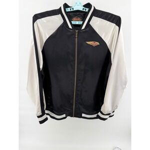 Harley Davidson 120th Anniversary Bomber Jacket Black White Satin Women's Sz 3W
